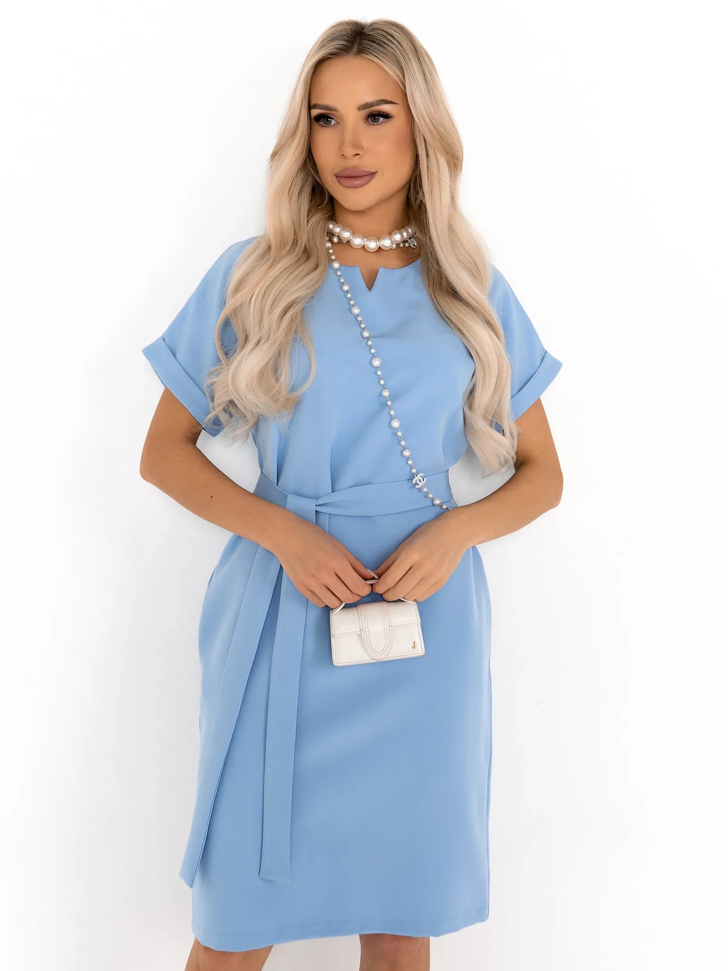 Light blue mini dress with rolled sleeves and self-tie belt, perfect for weddings and casual outings.