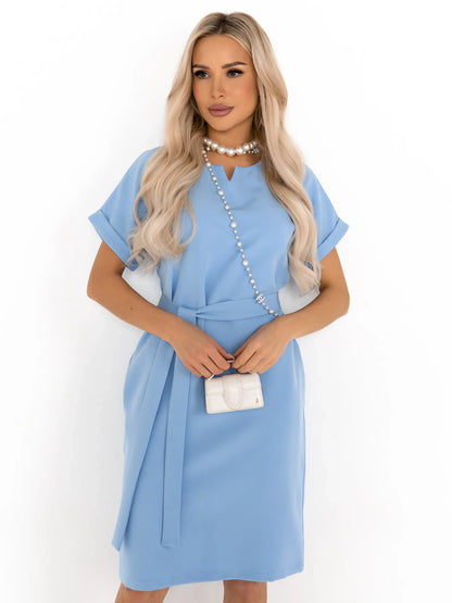 Light blue mini dress with rolled sleeves and self-tie belt, perfect for weddings and casual outings.
