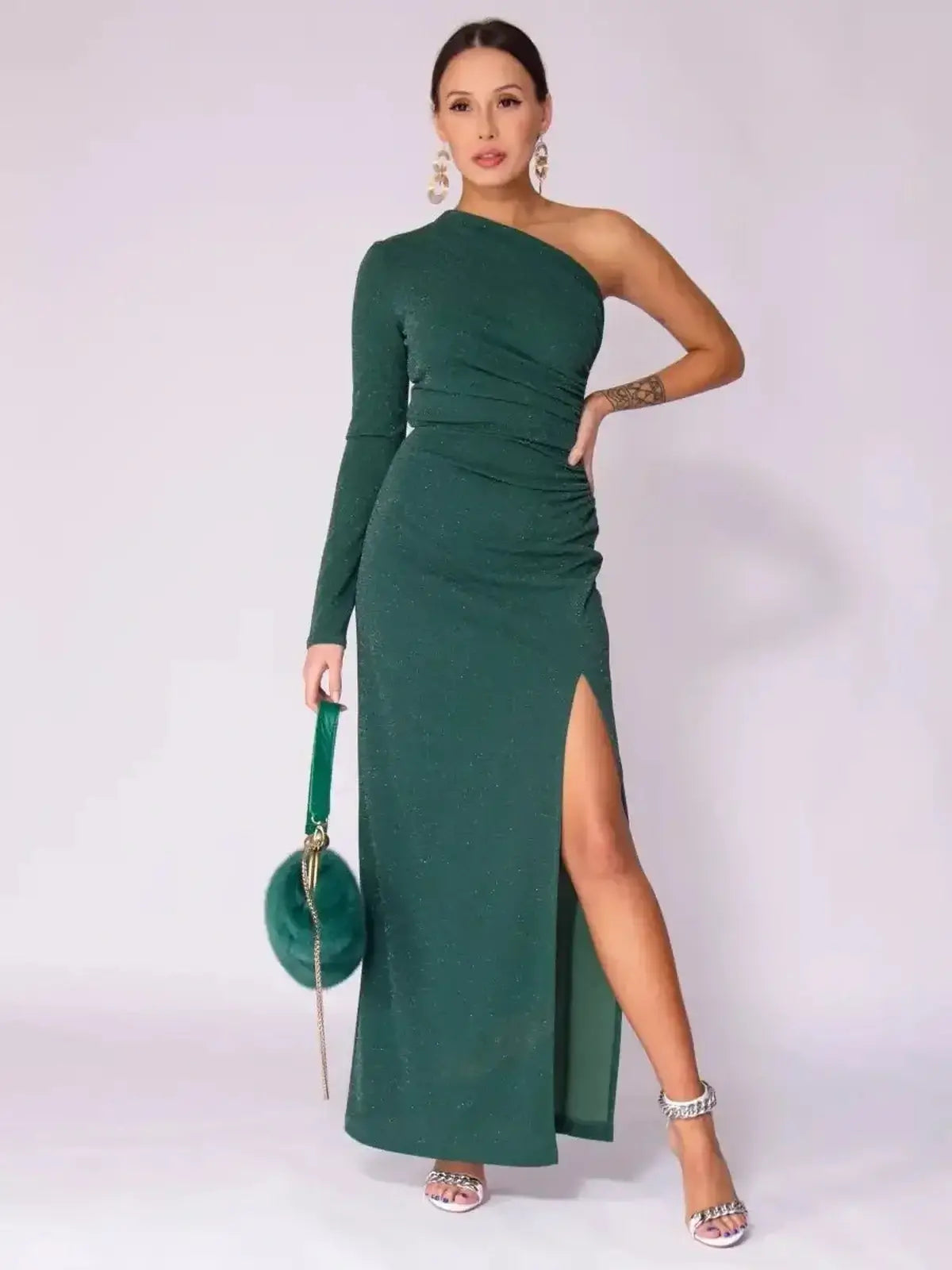 Emerald Spark Maxi Dress, one-shoulder elegance with shimmer, perfect for prom, weddings, or formal occasions.