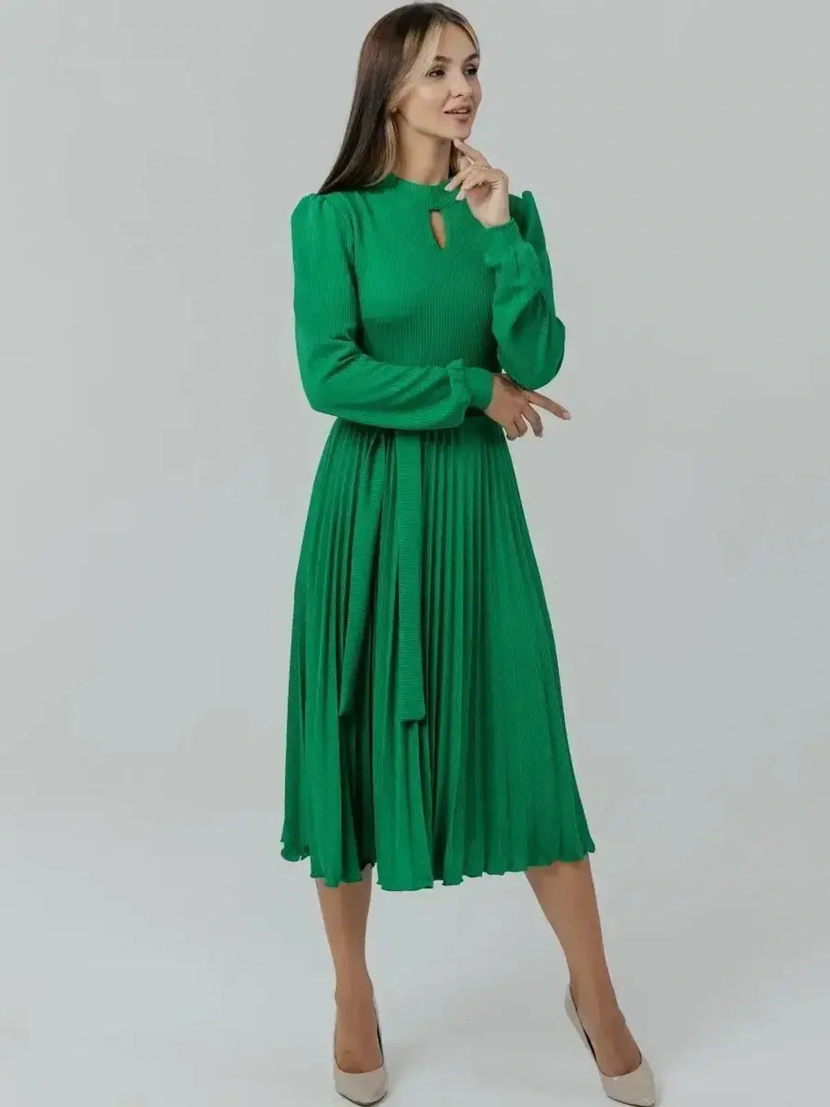 Verde Grace Midi Dress in emerald green with elegant pleats and stand collar, perfect for weddings or formal events.