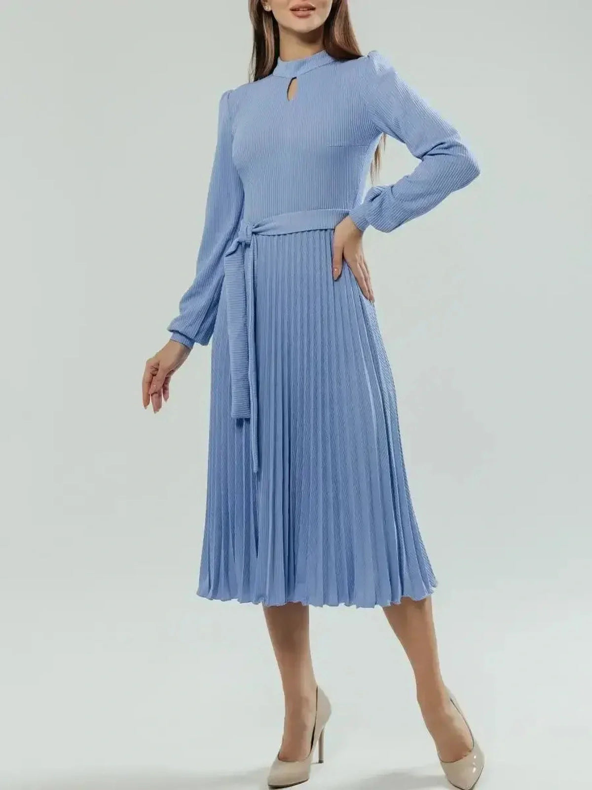 Elegance Midi Dress in powder blue with pleats and long sleeves, perfect for weddings and formal occasions.
