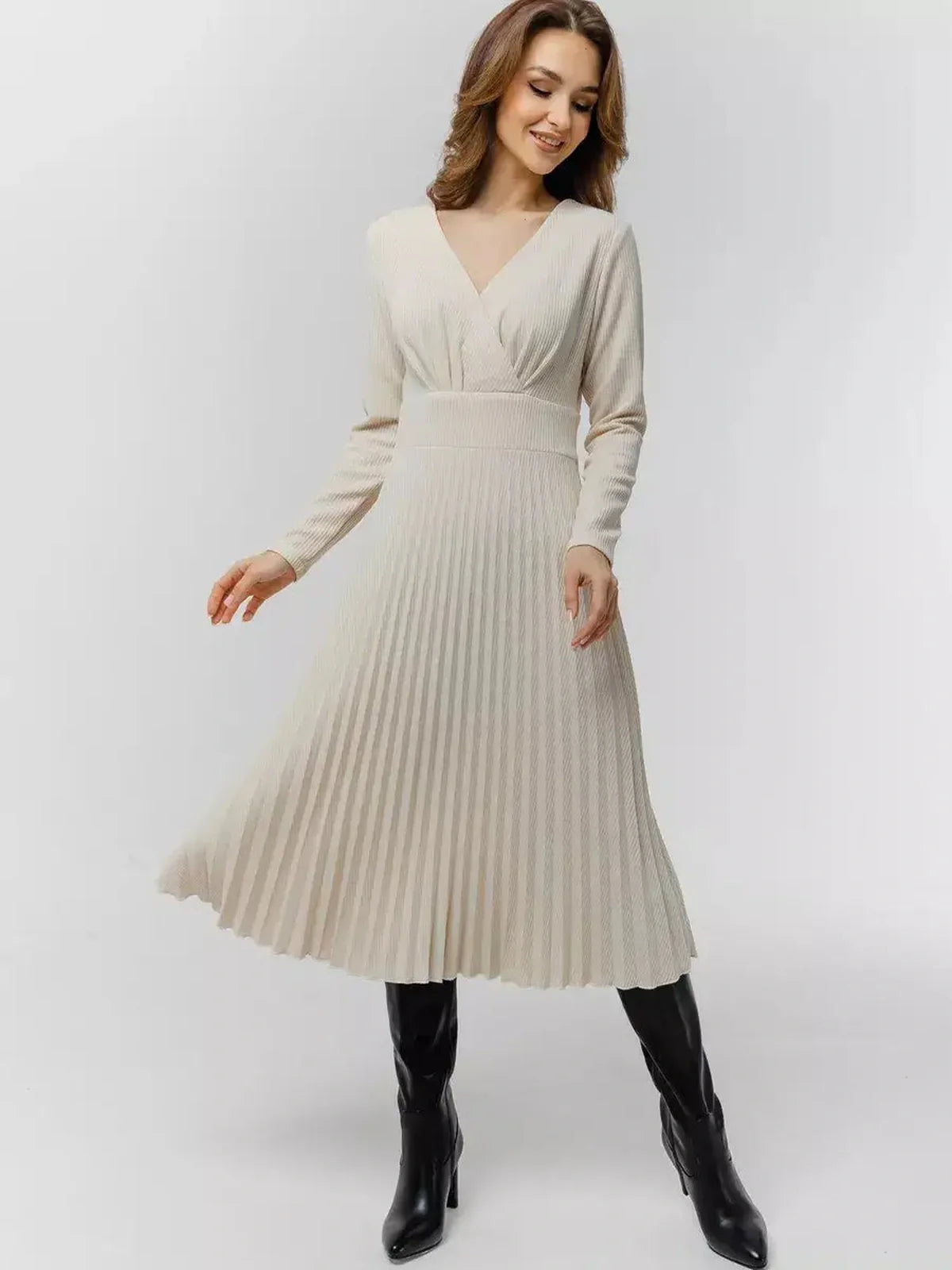 Ivory Grace Midi Dress featuring pleated skirt and V-neckline, perfect for weddings, proms, or formal occasions.