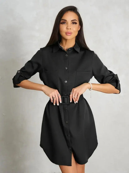 Black mini dress with button-down closure and detachable belt, ideal for weddings, casual events, or formal occasions.