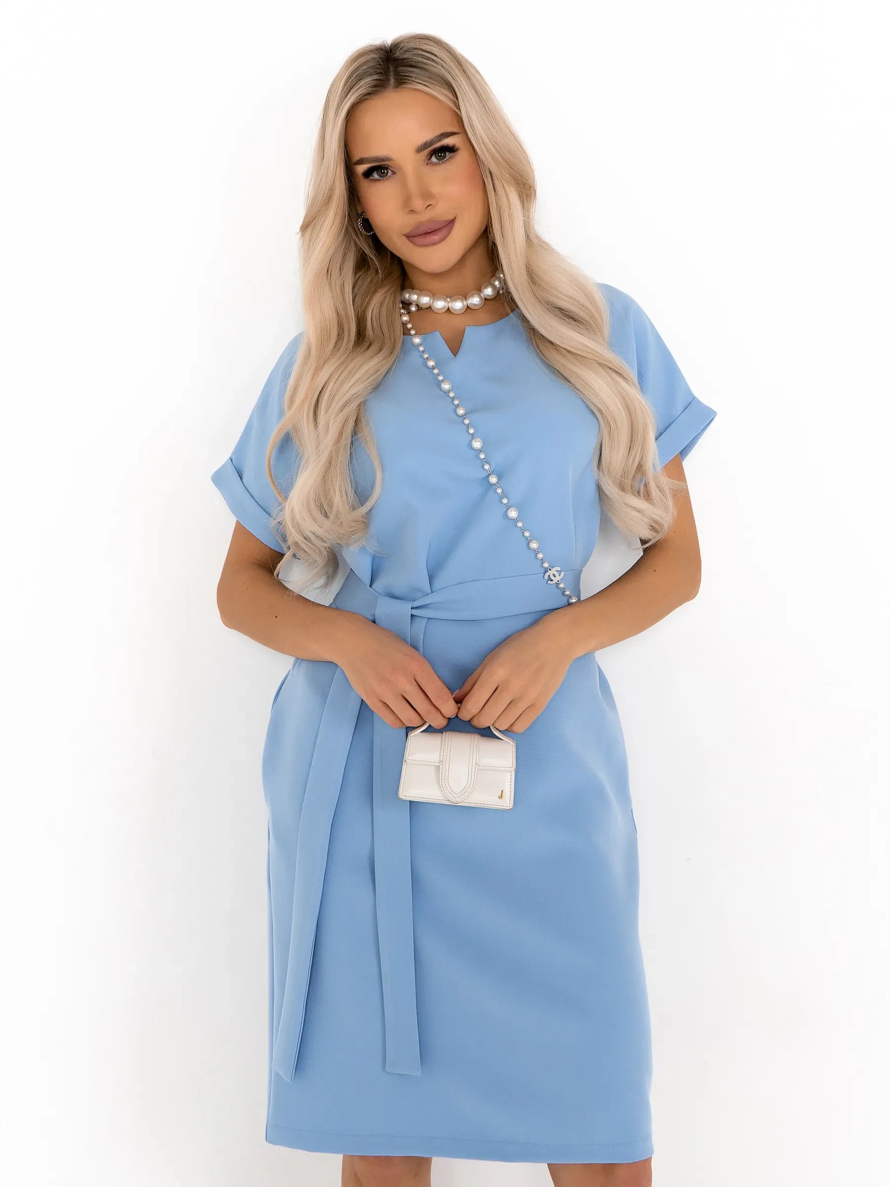 Light blue mini dress with rolled sleeves and self-tie belt, perfect for summer weddings or graduation events.