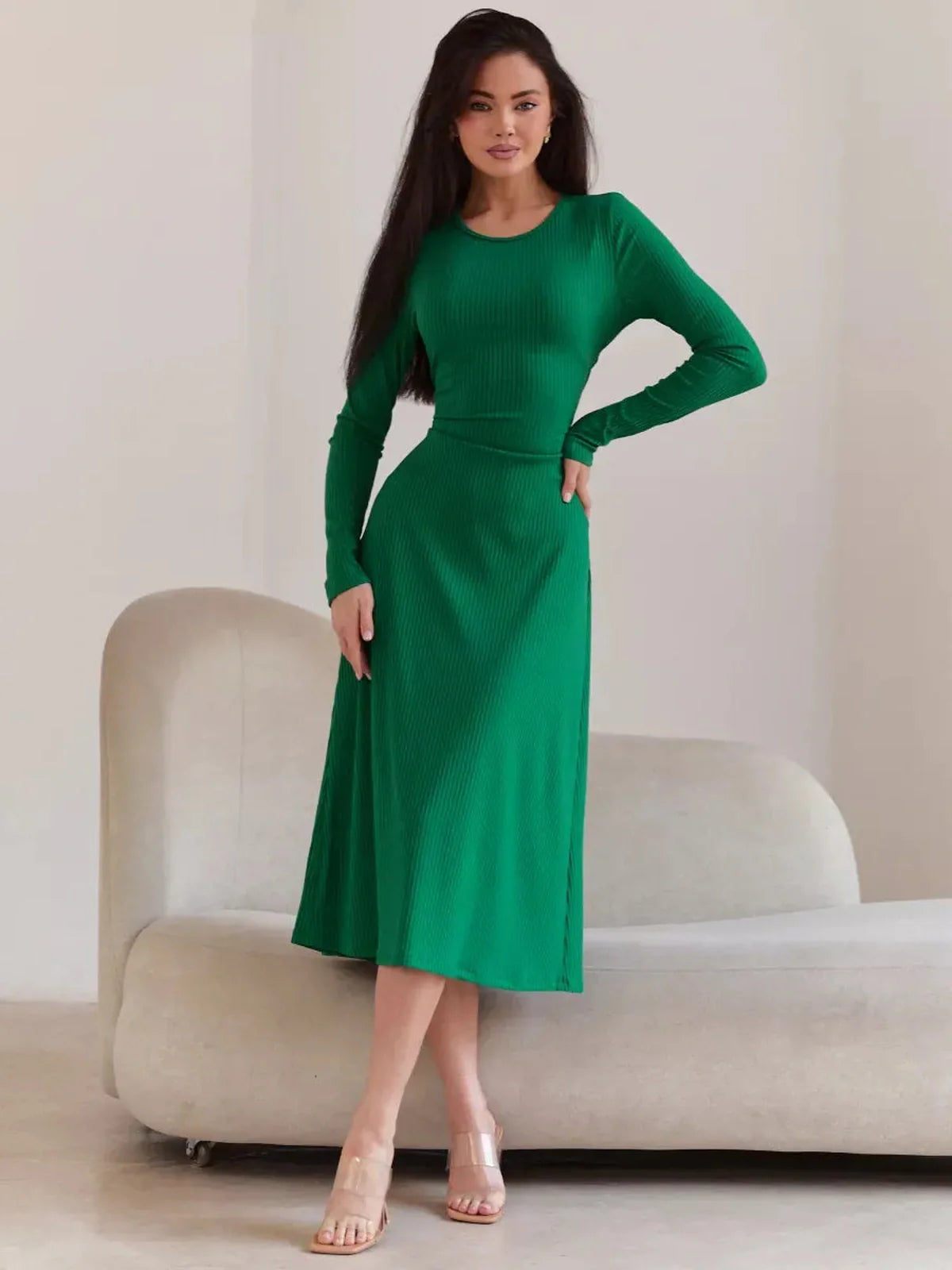 Elegant green Luxe Sculpt Midi Dress featuring long sleeves and a flattering fit, perfect for wedding and prom events.