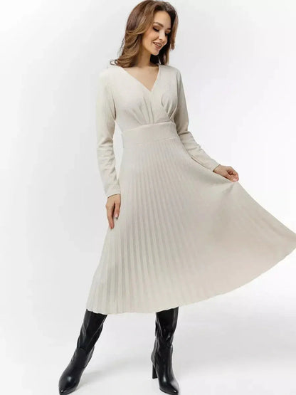 Ivory Grace Midi Dress with pleated skirt and V-neckline, perfect for weddings, proms, and formal events.