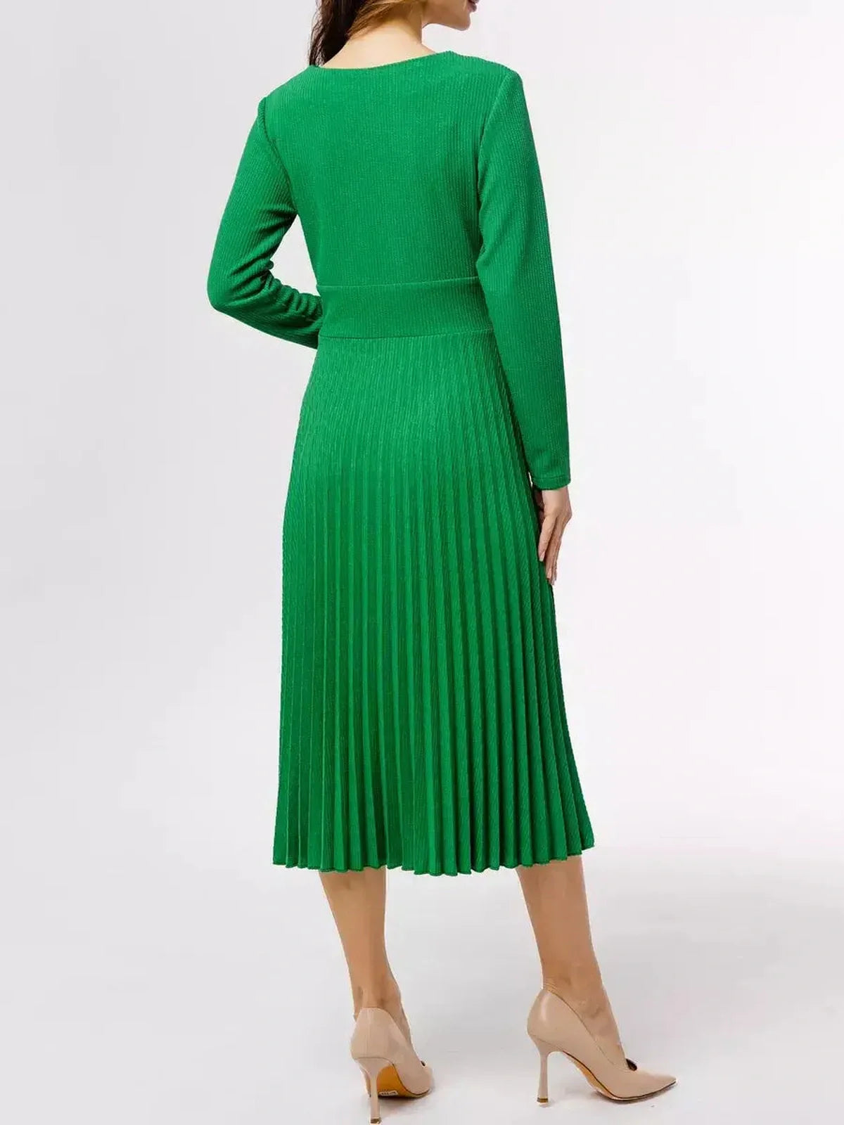 Back view of the Emerald Grace Midi Dress featuring pleated design and long sleeves, ideal for formal occasions.