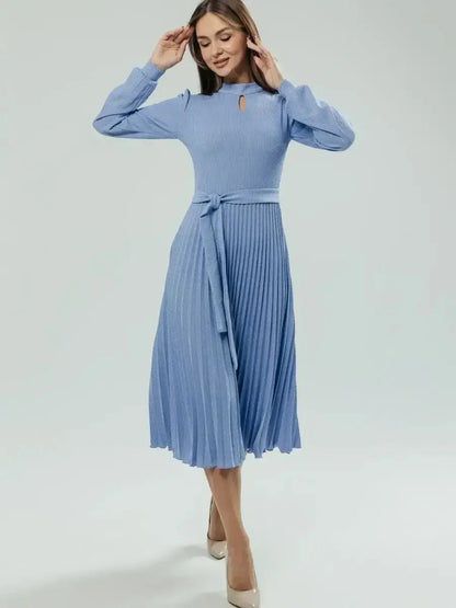 Elegance Midi Dress in powder blue, featuring pleated design, long sleeves, and teardrop cutout, perfect for weddings and events.