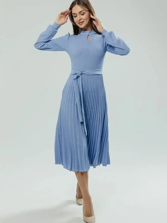 Elegance Midi Dress in powder blue, featuring pleated design, long sleeves, and teardrop cutout, perfect for weddings and events.