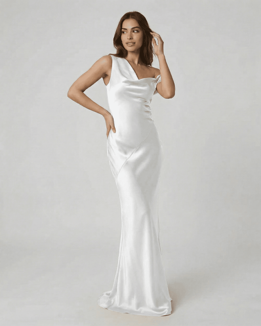Elysia Maxi Dress by Slimona - White satin-effect open back maxi dress with elegant drape for elevated occasions.
