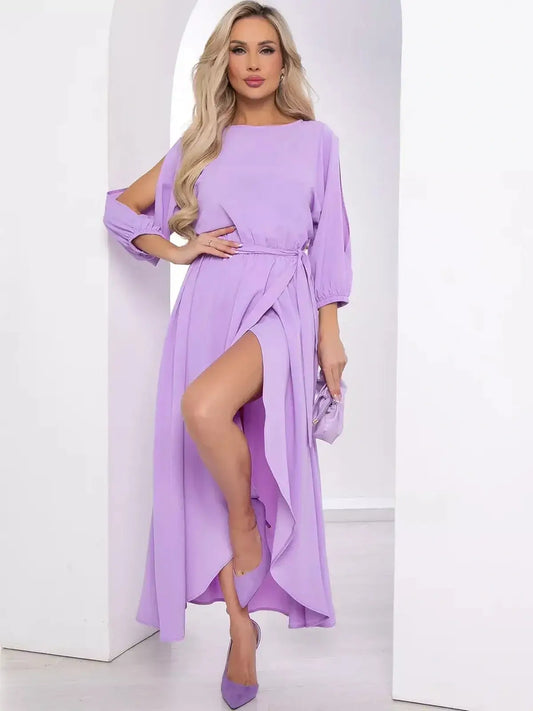 Luxe Lilac Midi Dress featuring shoulder cutouts and a belted waist, perfect for weddings and formal events.