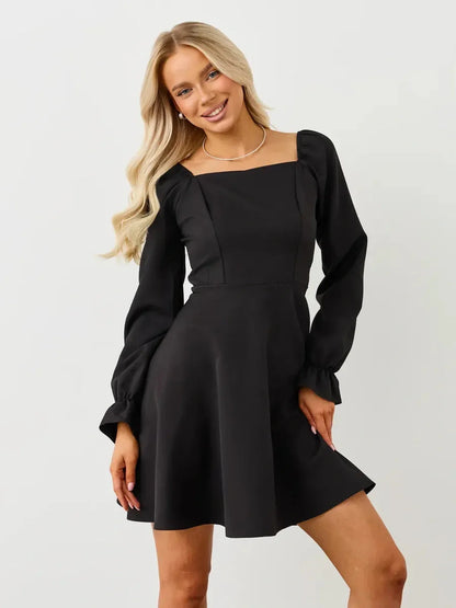 Velvet Hour Mini Dress in black featuring a square neckline and romantic voluminous sleeves, perfect for formal occasions.