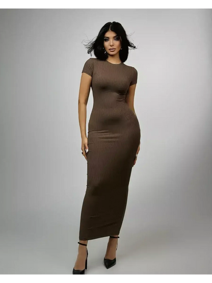 Sleek chocolate-hued maxi dress with ribbed texture, featuring a contouring fit for elegant summer style.