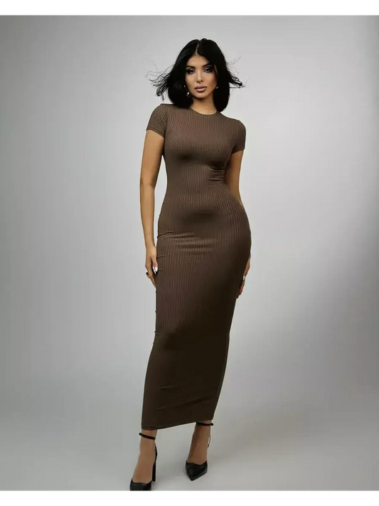 Sleek chocolate-hued maxi dress with ribbed texture, featuring a contouring fit for elegant summer style.