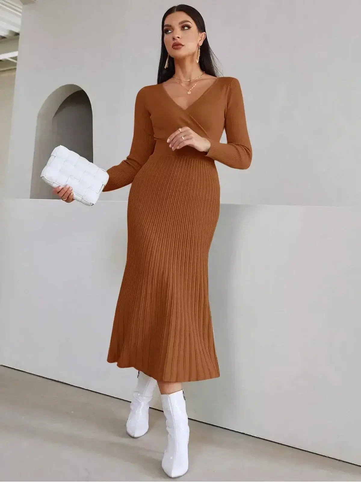 Sculpted Elegance Midi Dress in warm brown, featuring rib texture, flattering fit, perfect for weddings or formal events.