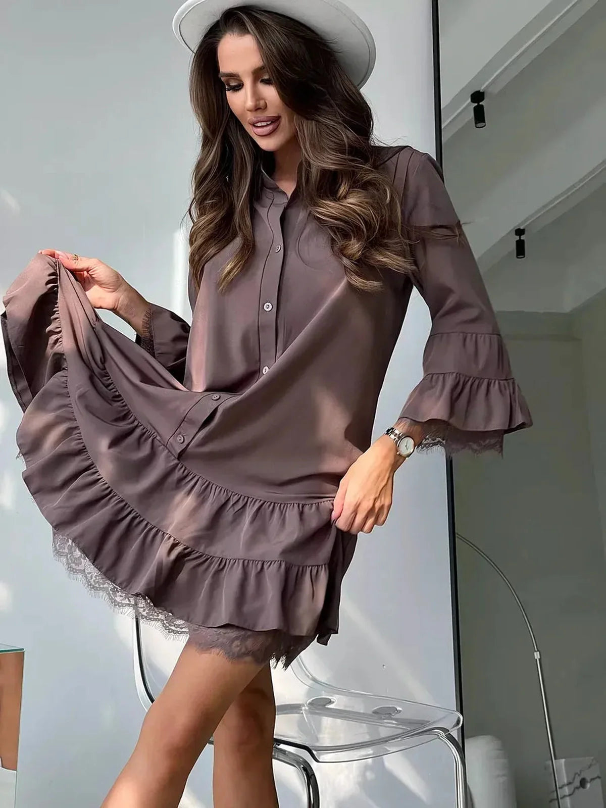 Chocolate brown lace trim mini dress with tiered ruffles, ideal for wedding guest or casual summer occasions.