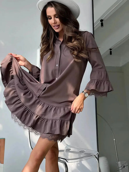 Chocolate brown lace trim mini dress with tiered ruffles, ideal for wedding guest or casual summer occasions.