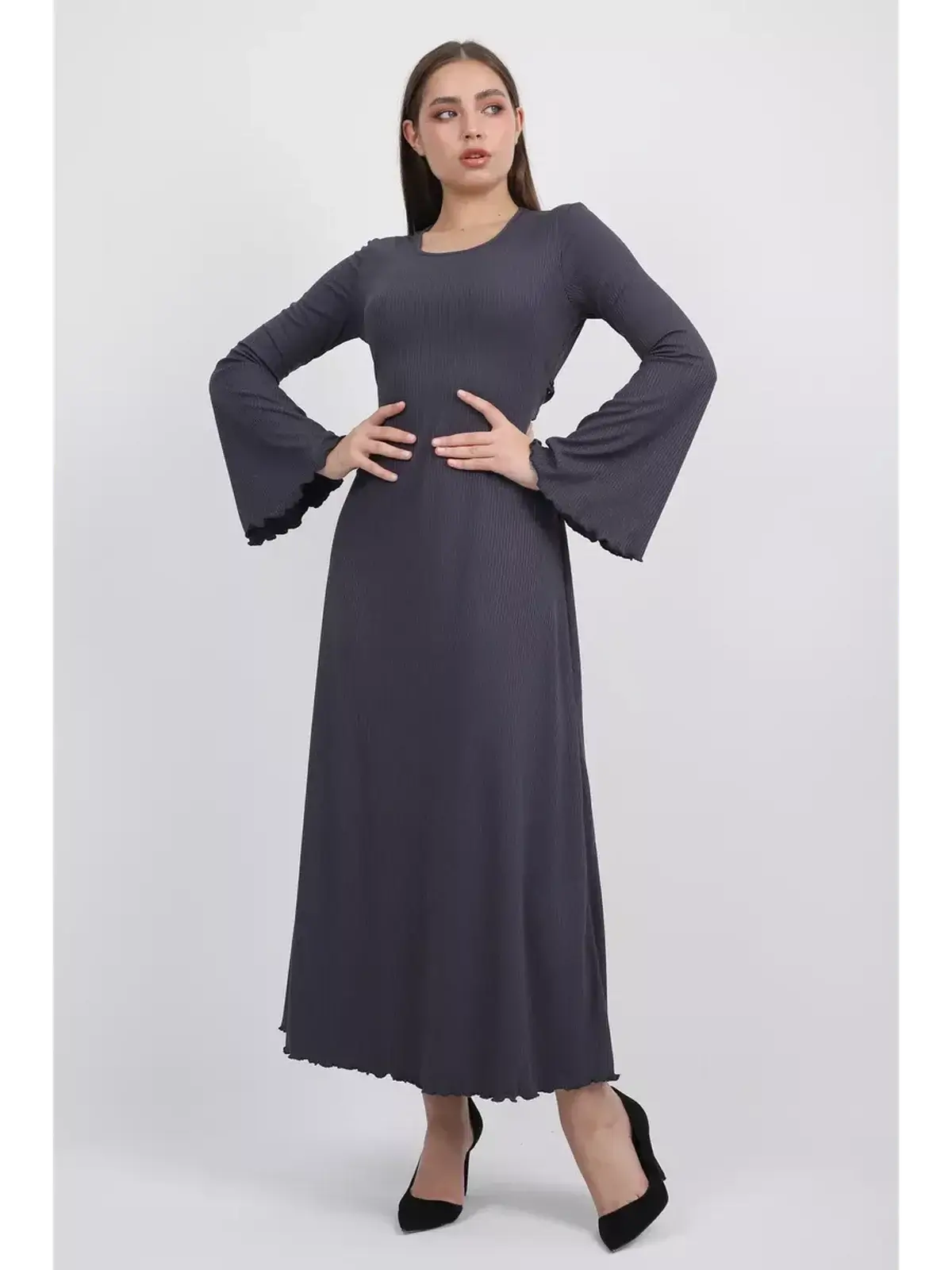 Twilight Curve Midi Dress in charcoal grey, featuring flared bell sleeves and a tie waist for a flattering silhouette.