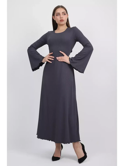 Twilight Curve Midi Dress in charcoal grey, featuring flared bell sleeves and a tie waist for a flattering silhouette.