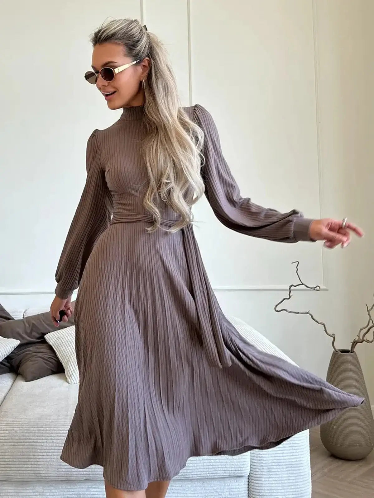 Elegant Plissé Charm Midi Dress in rich coffee hue, featuring a pleated skirt and mock neckline for stylish occasions.