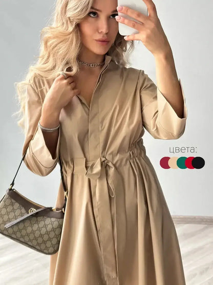 Studio Beige Midi Dress with a minimalist silhouette, perfect for summer, weddings, and formal events.