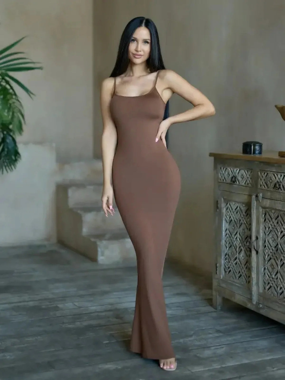 Cocoa Curve Maxi Dress in warm chocolate hue, perfect for summer evenings or special occasions.