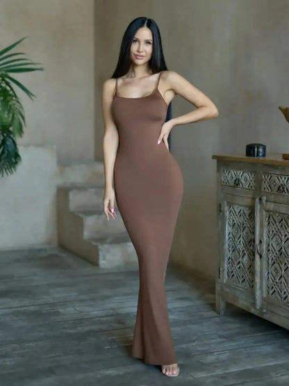 Cocoa Curve Maxi Dress in warm chocolate hue, perfect for summer evenings or special occasions.