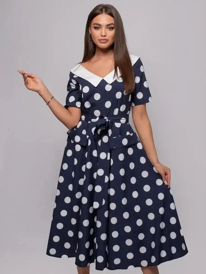 Nautical Charm Midi Dress with polka dots and white collar, perfect for summer weddings and garden parties.