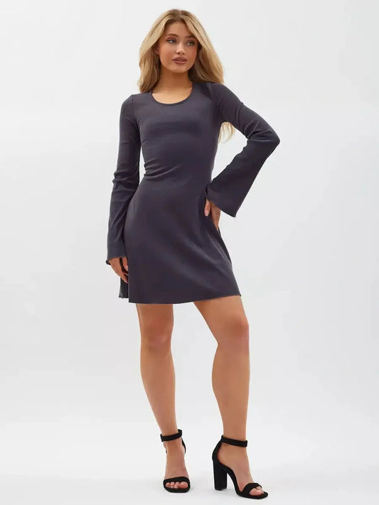 Graphite Charm Mini Dress featuring flared sleeves and a flattering silhouette, perfect for formal or casual events.