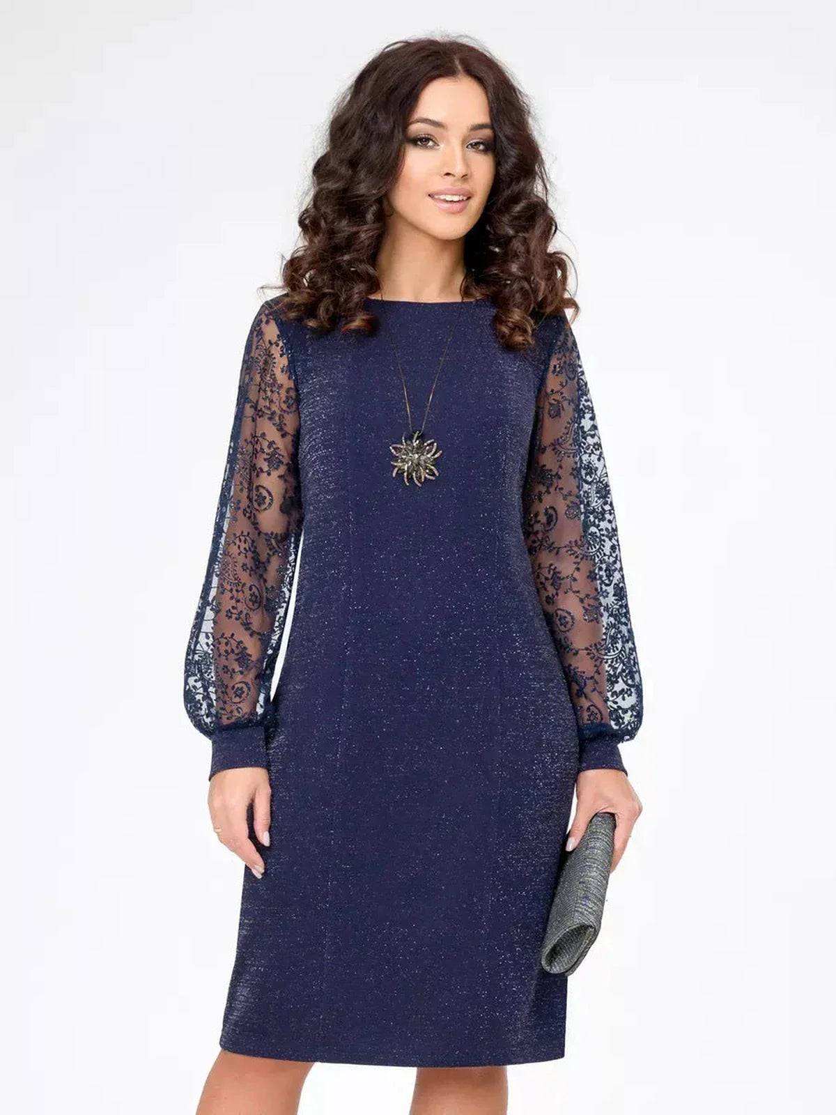 Midnight Elegance Midi Dress with glitter knit and lace sleeves, perfect for weddings and formal events.