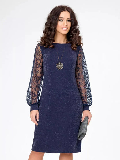Midnight Elegance Midi Dress with glitter knit and lace sleeves, perfect for weddings and formal events.