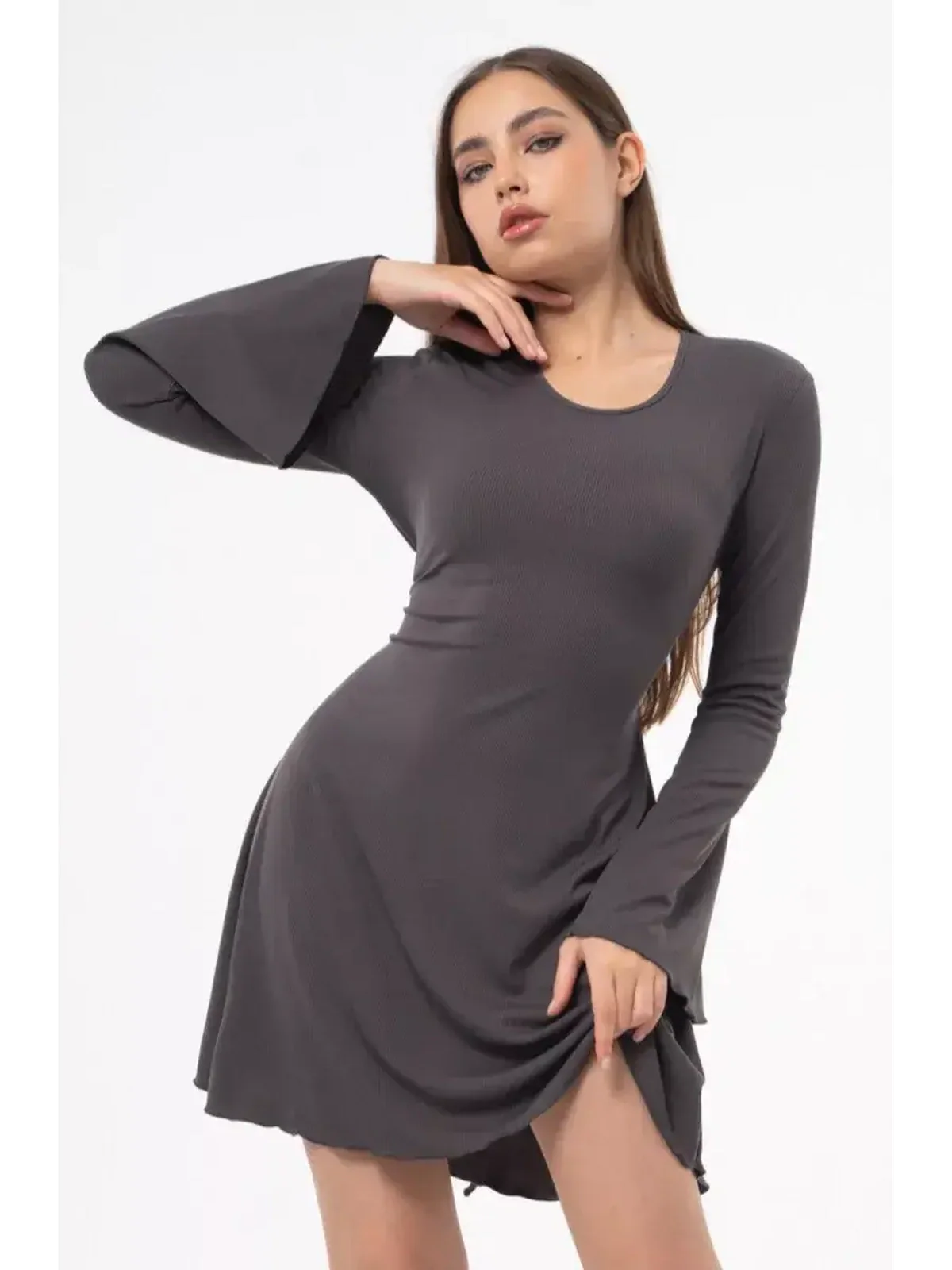 Graphite Tie Mini Dress featuring flared sleeves and a sculpting silhouette, ideal for cocktail and summer occasions.