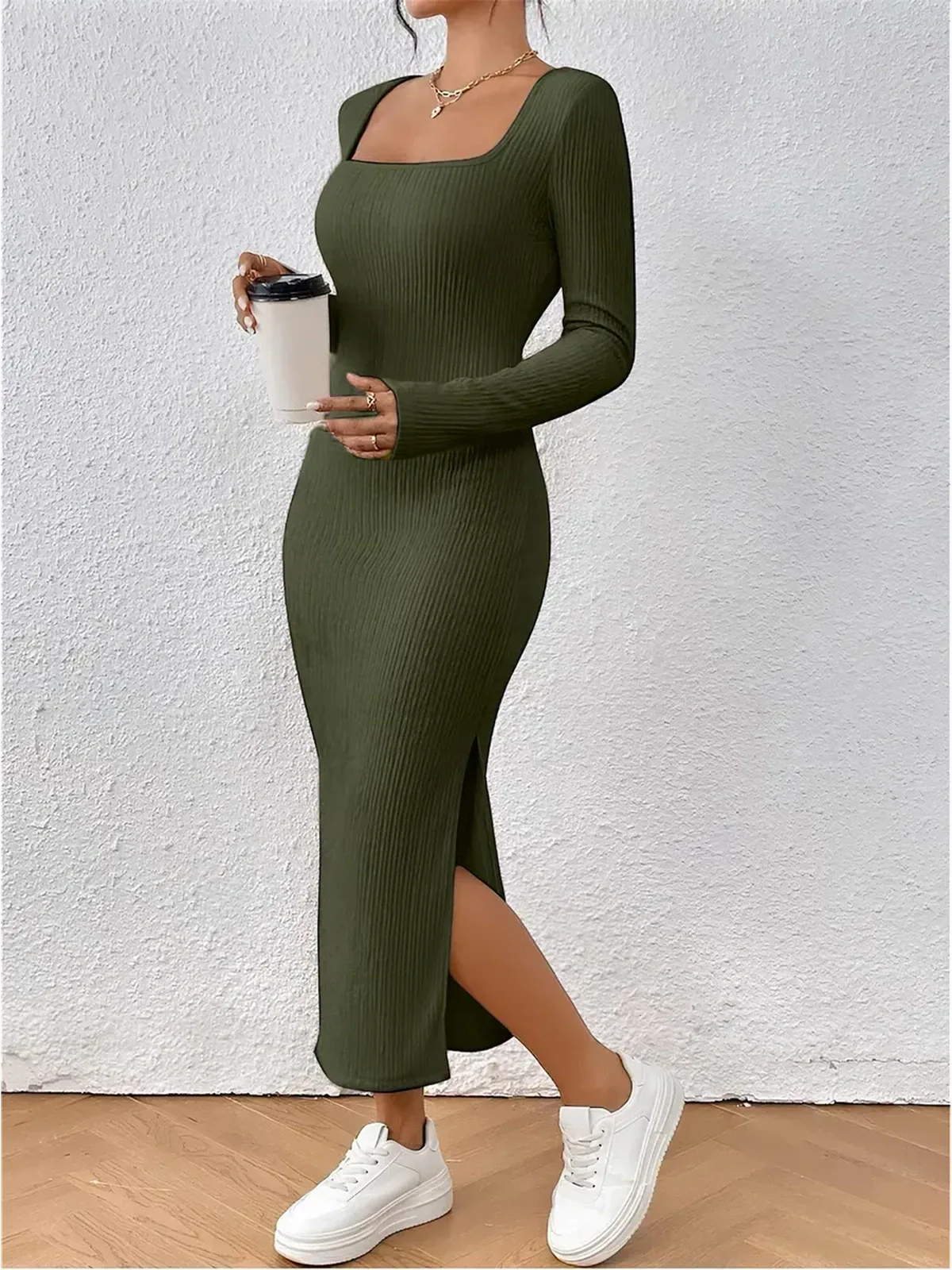 Verona Midi Dress in khaki ribbed knit with square neckline and side slit, styled with white sneakers.