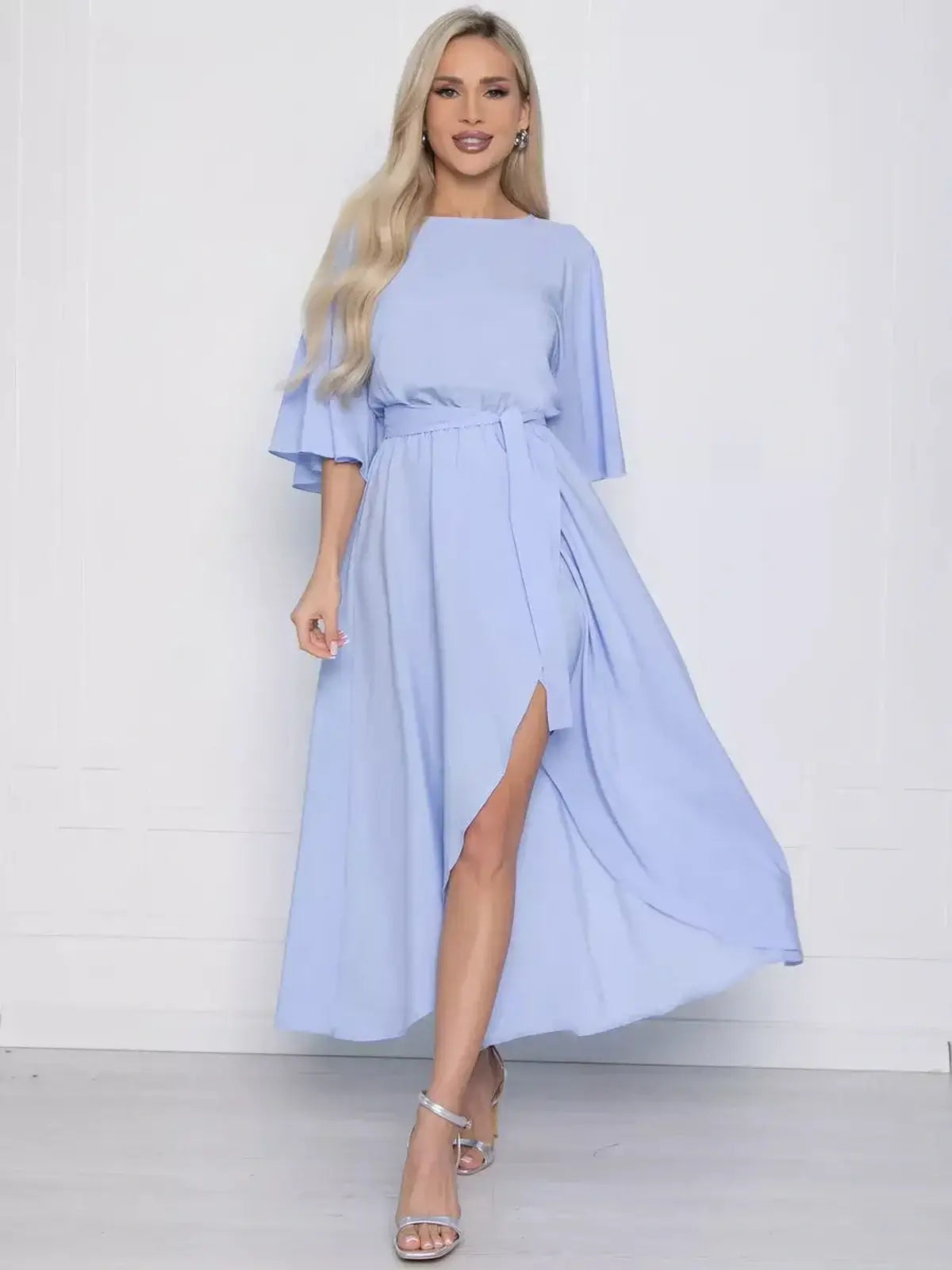Celeste Midi Dress in sky blue with flutter sleeves, perfect for weddings, parties, and summer occasions.