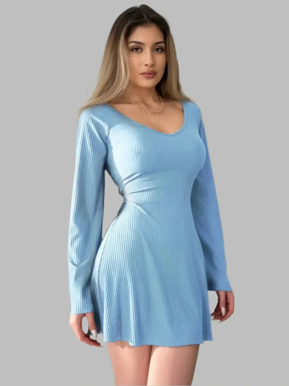 Light blue Sky Flare Mini Dress featuring flared sleeves, perfect for summer events and special occasions.