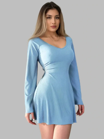 Light blue Sky Flare Mini Dress featuring flared sleeves, perfect for summer events and special occasions.