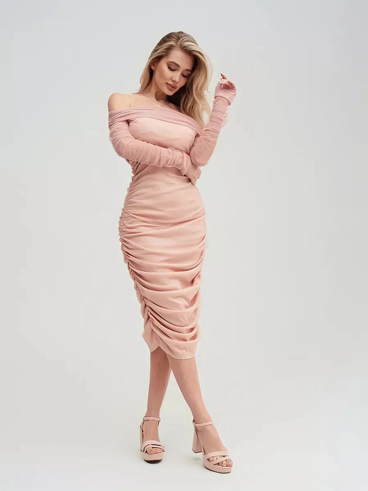 Romantic Roselle Mesh Midi Dress in pastel pink, featuring ruched sleeves and a sculpted silhouette, perfect for weddings and events.
