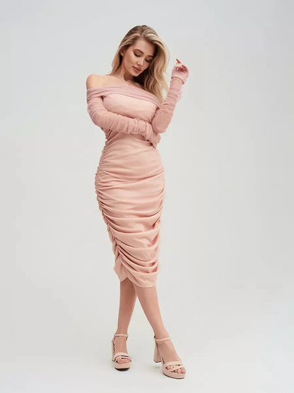 Romantic Roselle Mesh Midi Dress in pastel pink, featuring ruched sleeves and a sculpted silhouette, perfect for weddings and events.