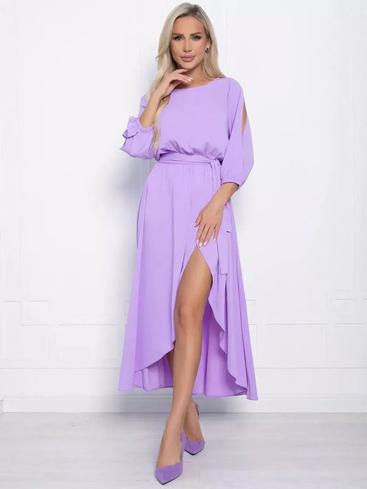 Lilac Glow Midi Dress with shoulder cutouts and high-low hem, perfect for summer soirées and special occasions.