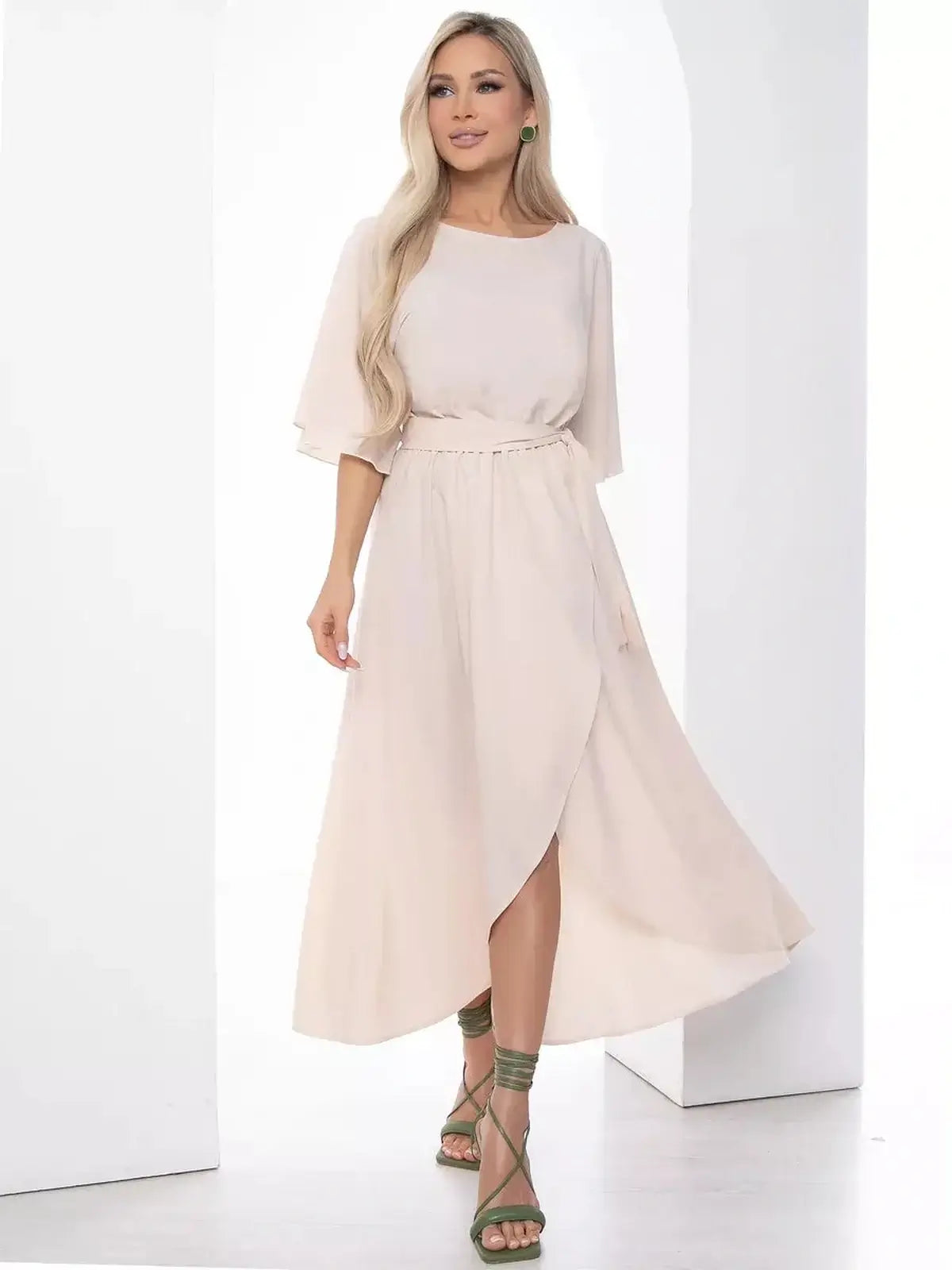 Serenity Midi Dress featuring flared sleeves and a belted waist, perfect for weddings and formal occasions.