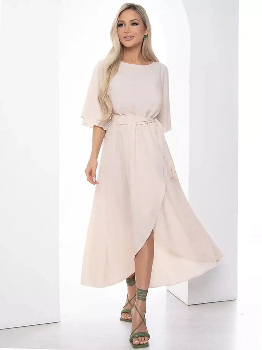 Serenity Midi Dress featuring flared sleeves and a belted waist, perfect for weddings and formal occasions.