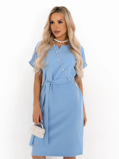 Light blue mini dress with rolled sleeves and optional self-tie belt, perfect for summer or wedding guest attire.