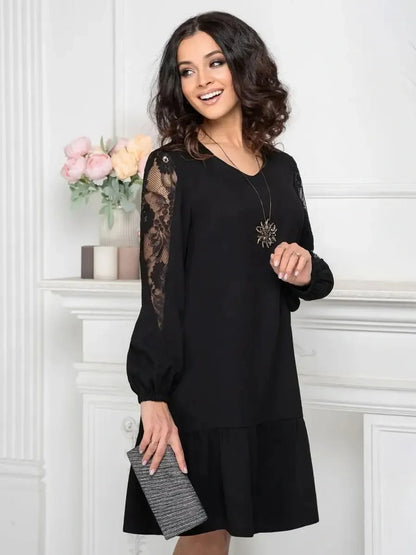 Elegant black dress with sheer floral lace sleeves, perfect for weddings, proms, and special occasions.