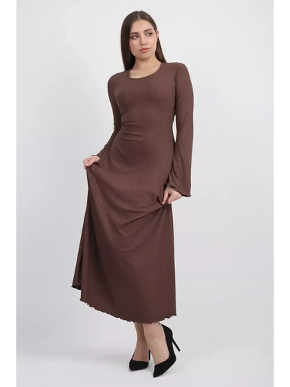 Sculpted Grace Midi Dress in coffee ribbed knit with flared sleeves and elegant U-neckline, ideal for formal, wedding, and summer occasions.