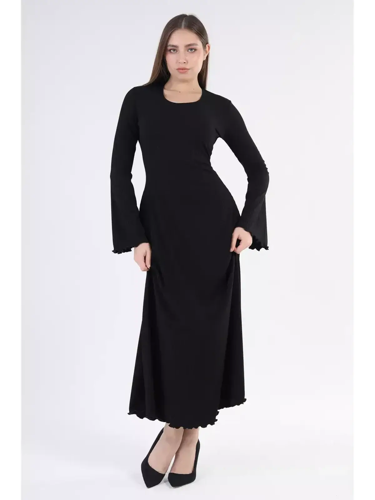 Noir Flare Midi Dress with statement sleeves, elegant silhouette, perfect for weddings, proms, and formal occasions.