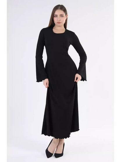 Noir Flare Midi Dress with statement sleeves, elegant silhouette, perfect for weddings, proms, and formal occasions.