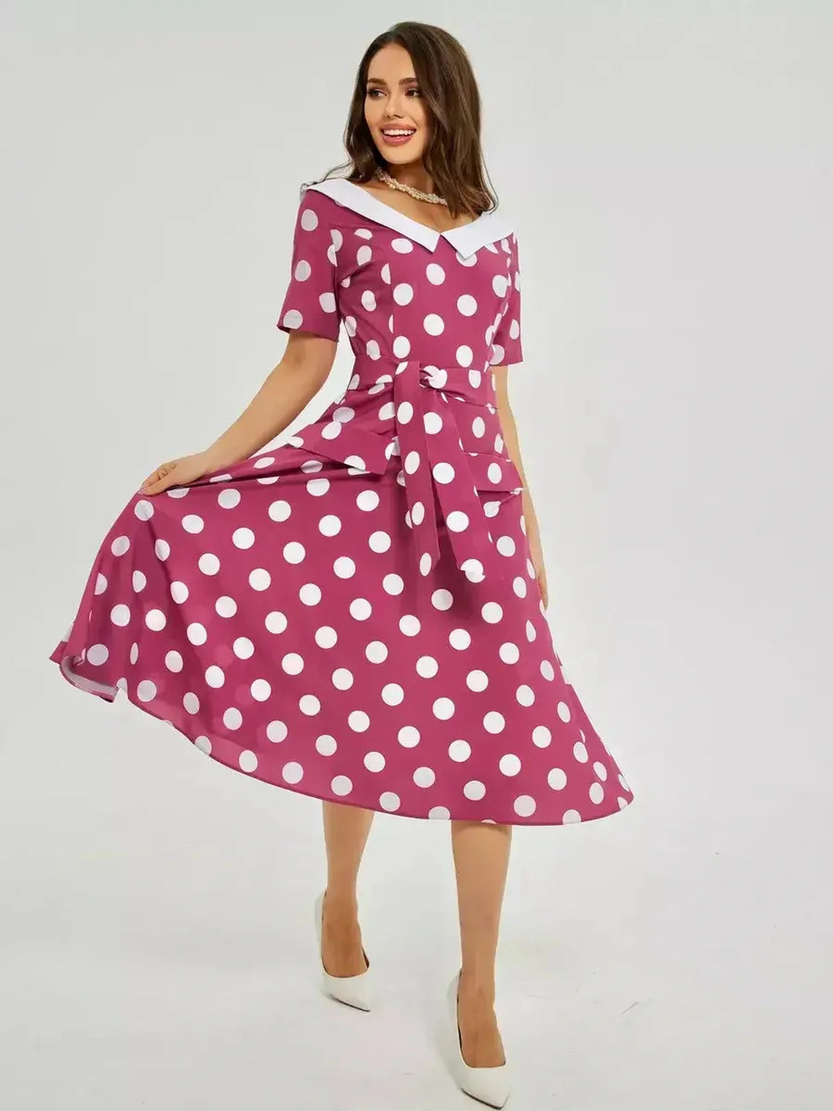 Retro Dot Midi Dress with white collar and polka dots, perfect for summer parties and elegant occasions.