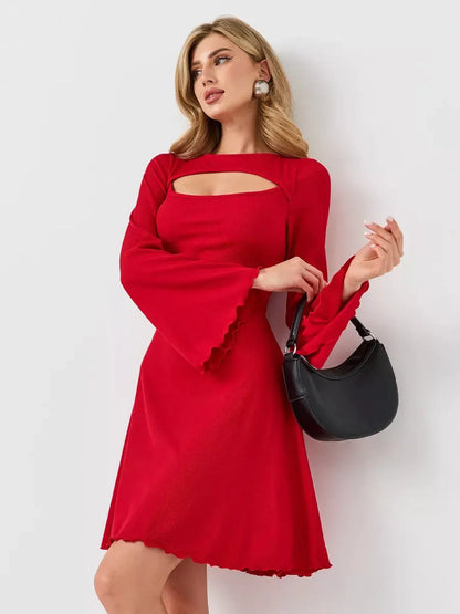Stylish woman wearing a red flare cutout mini dress with bell sleeves, perfect for summer and cocktail events.