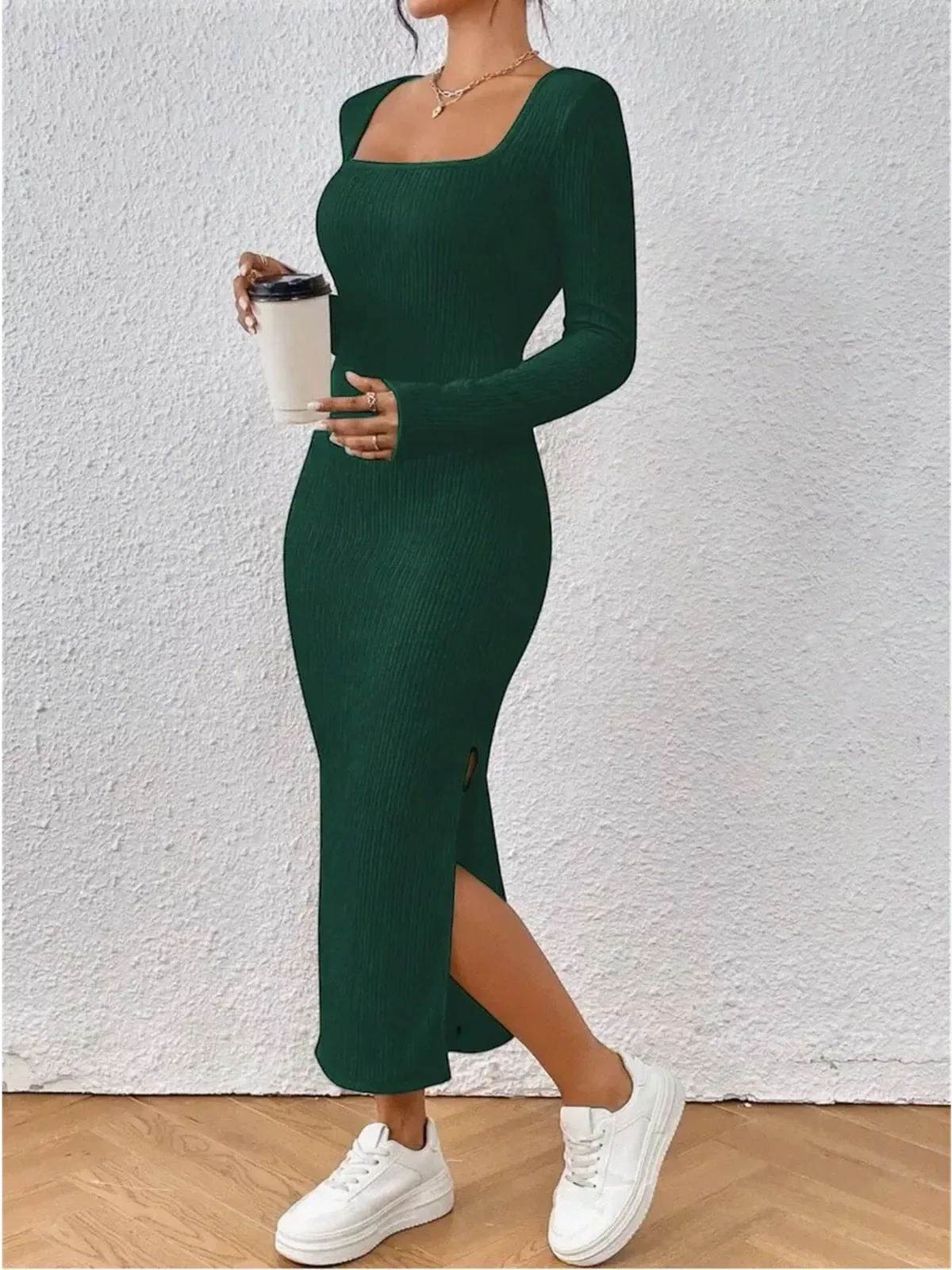 Stylish green Sculpted Rib Midi Dress with side slit, perfect for summer events and casual outings.