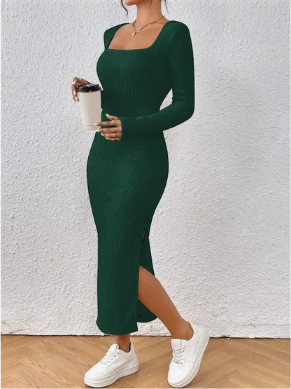 Stylish green Sculpted Rib Midi Dress with side slit, perfect for summer events and casual outings.